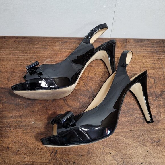 Talbots Black Patent Peep Toe Bow Elastic Heel Strap 4.25" Heels Women's sz 9M. - Picture 7 of 10